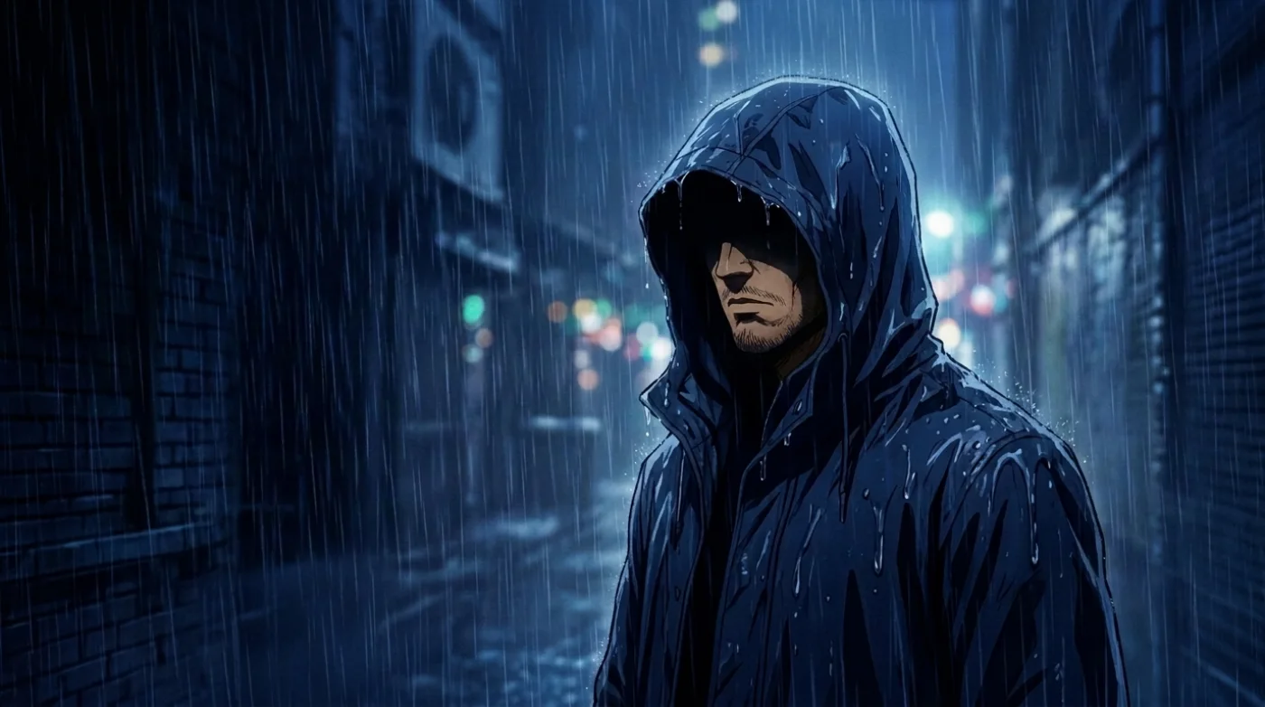A hooded figure standing alone in the rain at night